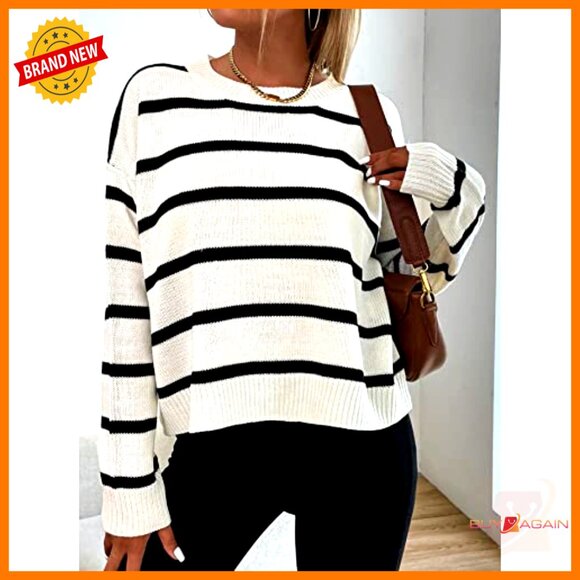 Oversized Striped Knit Sweater Drop Shoulder Crewneck Pullover Y2K Chic - Picture 4 of 6